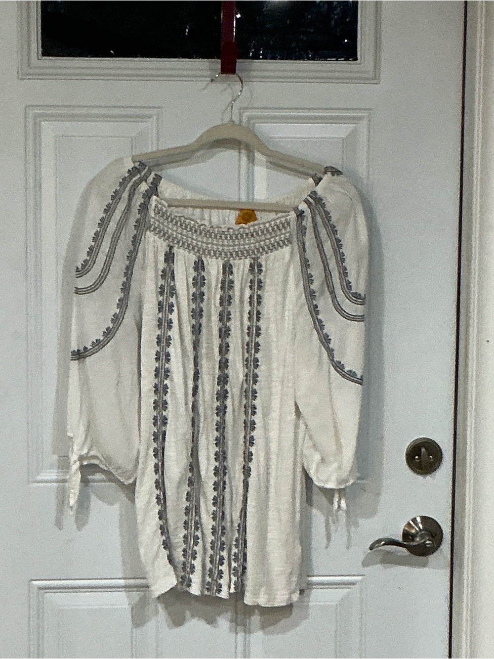 Size L  Ruby Road boho style top in white cotton with smocking in blue n tan